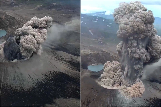Необычные кадры извержения вулкана Эбеко на Курильских островах - ВИДЕО