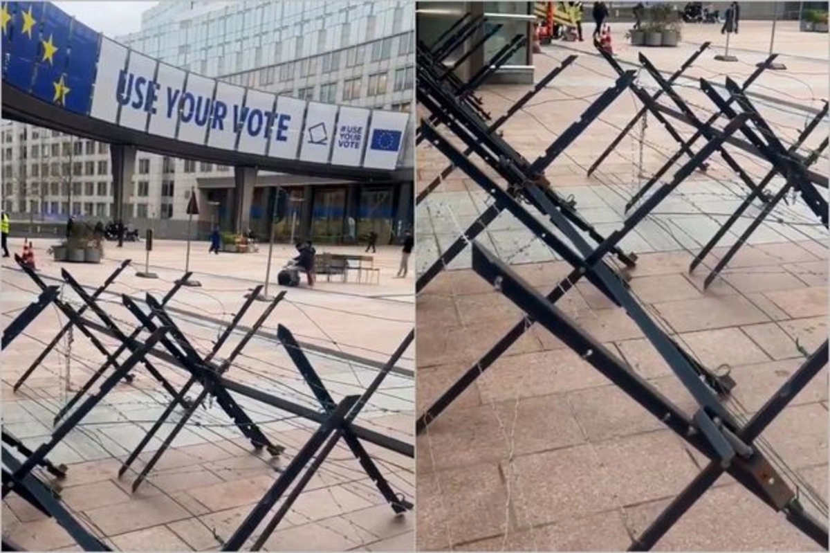Перед Европарламентом в Брюсселе установлены "ежи" с колючей проволокой - ВИДЕО