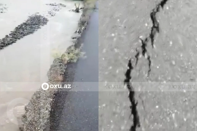 В Гяндже из-за проливных дождей разрушается дорога возле больницы