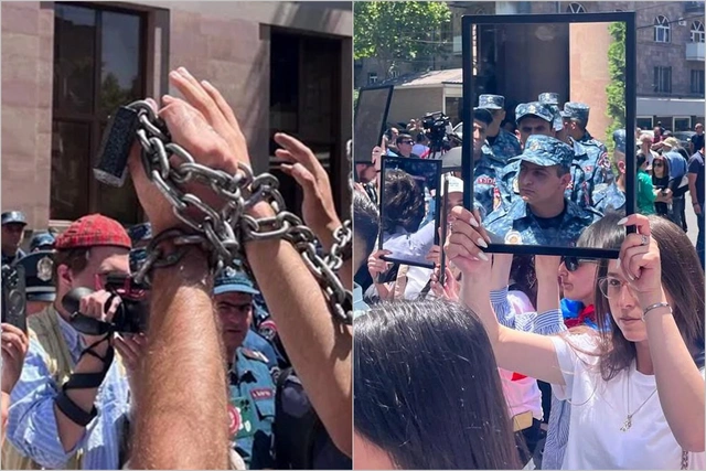 В Армении продолжаются акции: протестующие собрались с зеркалами и цепями в руках