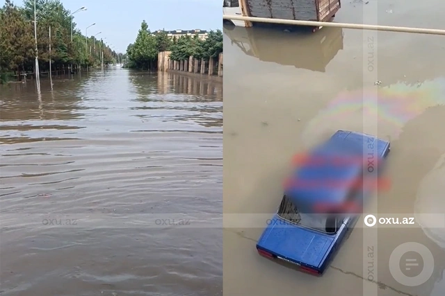 Проливные дожди затопили Евлах: автомобили оказались под водой