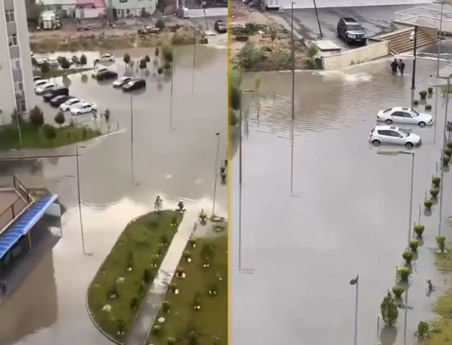 "Бассейн" для автомобилей: в Баку затоплен двор жилого комплекса