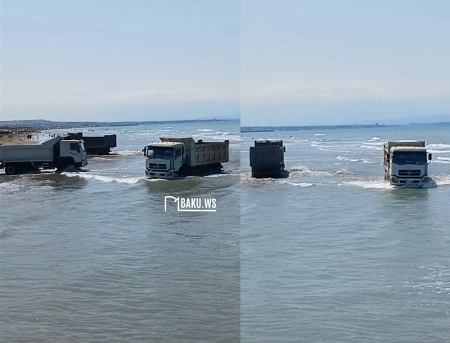 В Баку несколько грузовиков въехали в море и прокатились по пляжу