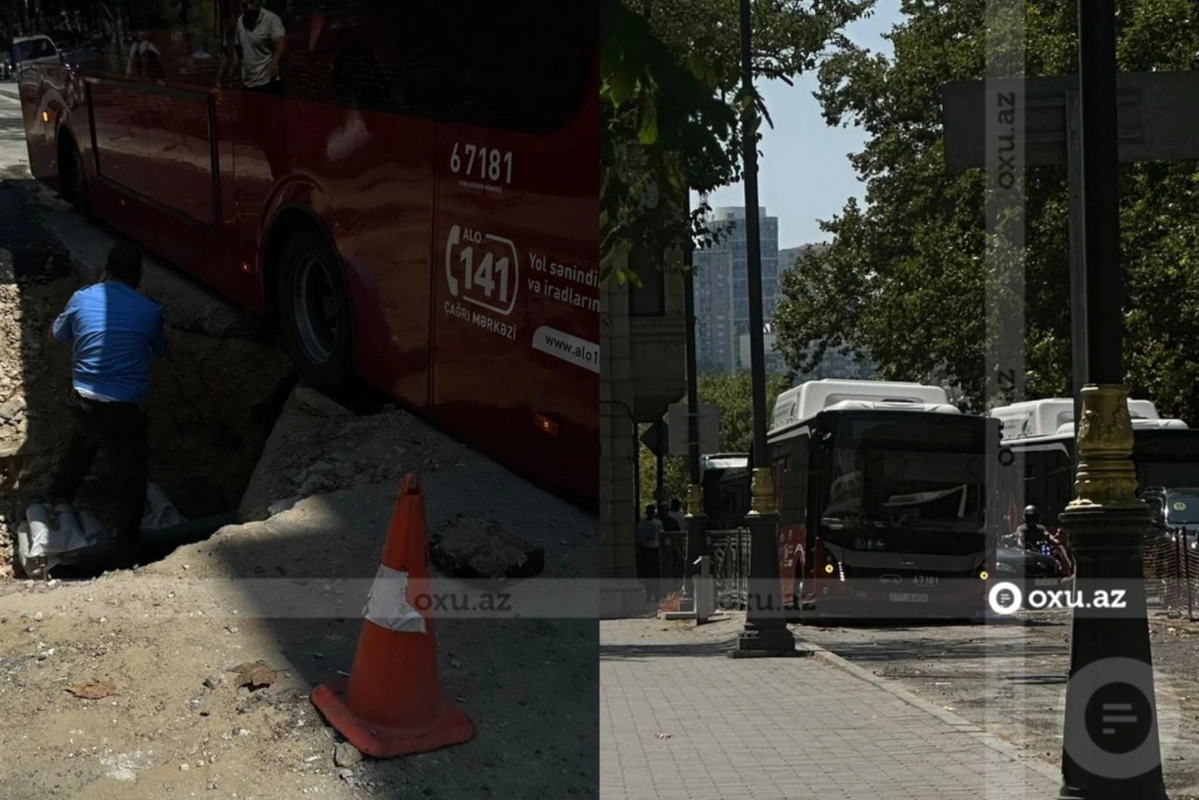 "BakuBus" avtobusu şəhər mərkəzində çuxura düşdü