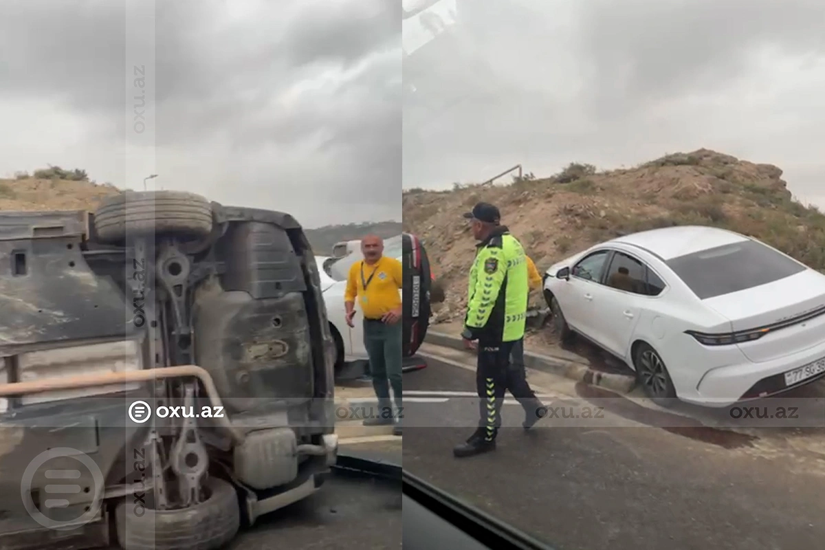 На южном выезде из Баку произошло ДТП: один из автомобилей опрокинулся