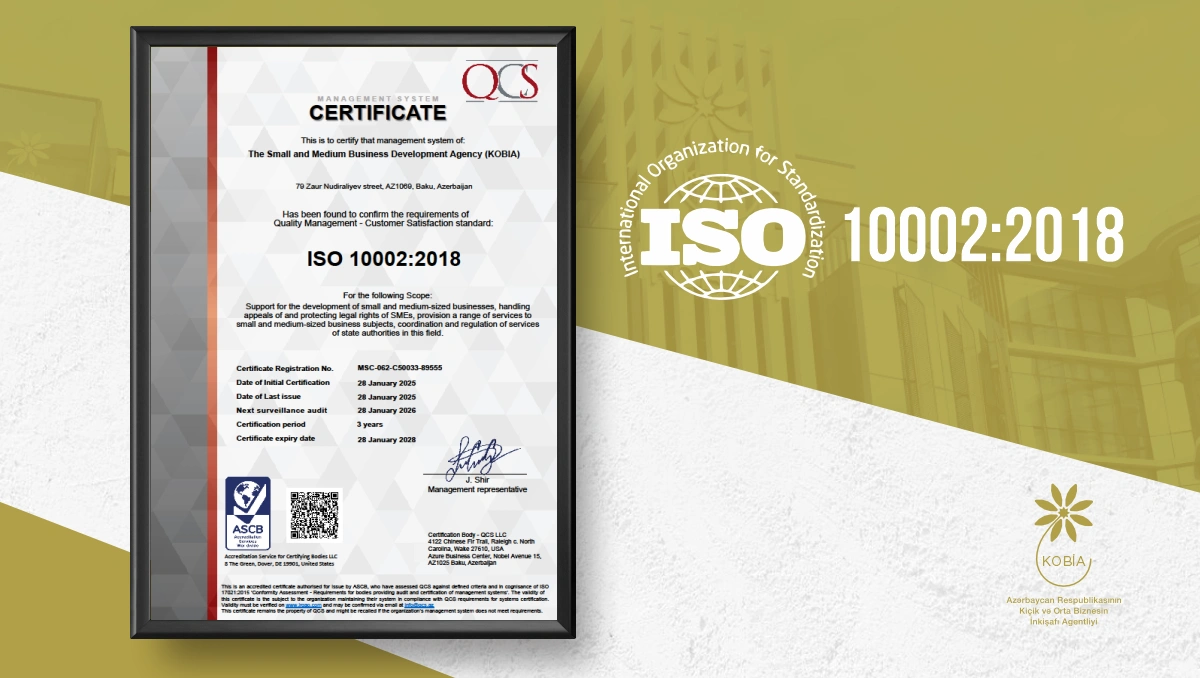 KOBİA-ya ISO 10002:2018 beynəlxalq standartı üzrə sertifikat təqdim edilib